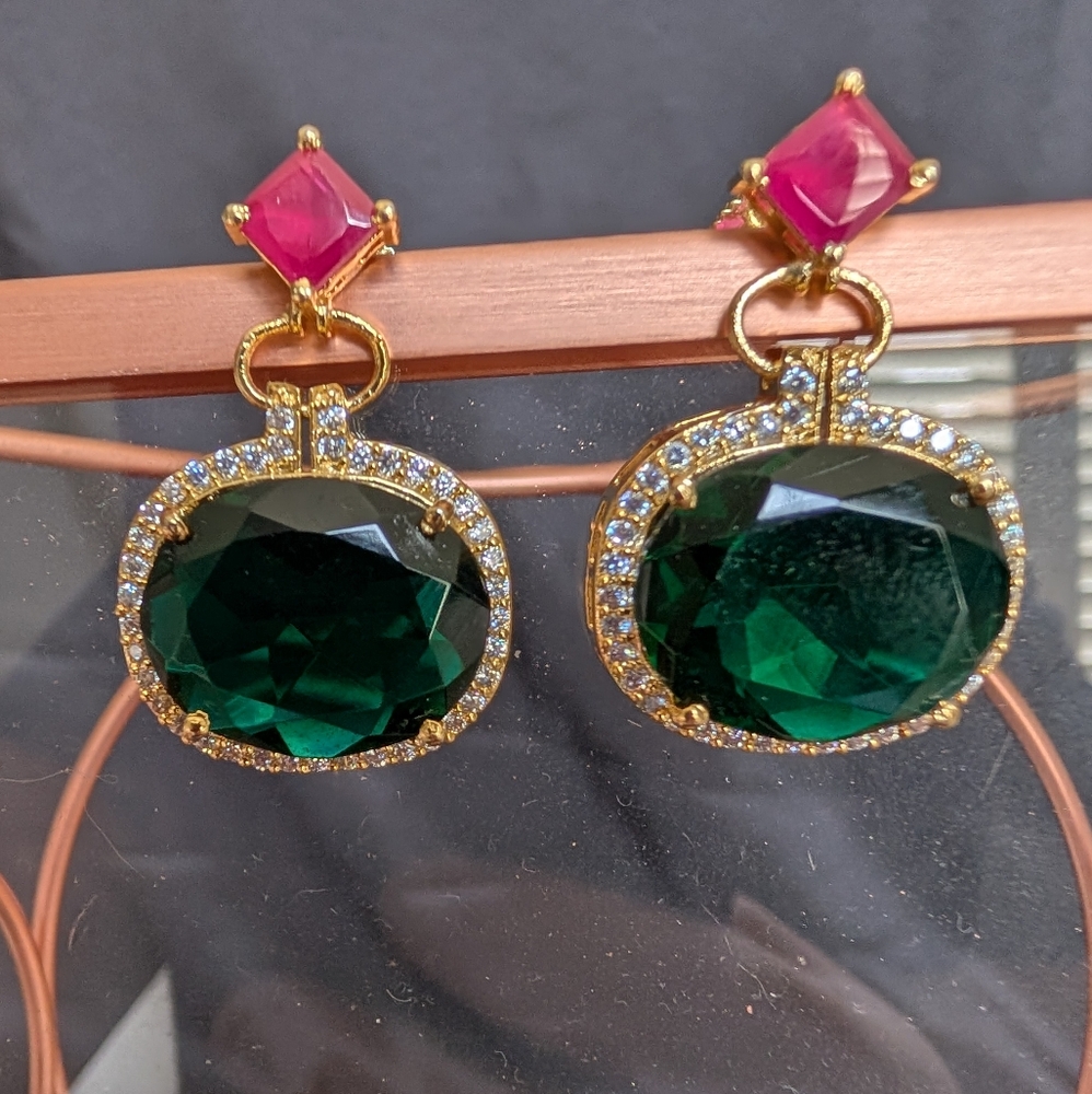 NSR Green and Pink Statement Earrings with Gold-Toned Finish